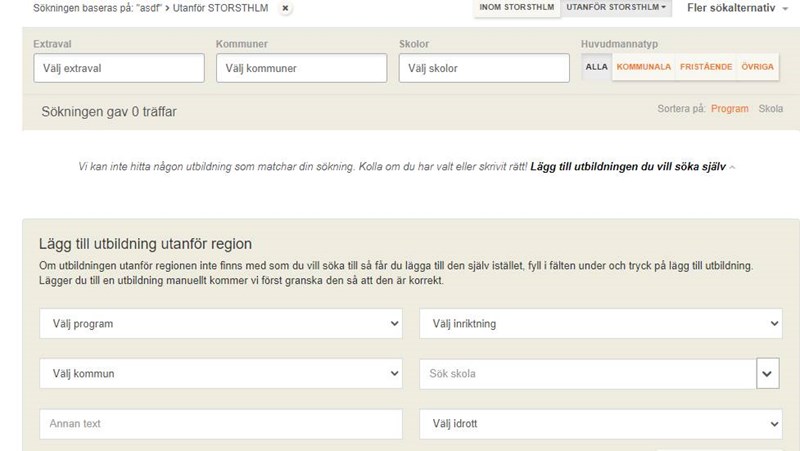 Klicka på Lägg till utbildning utanför regionen. Innan du lägger till och söker en utbildning utanför regionen är det viktigt att du har kollat att den skolan du vill söka har utbildningen du är intresserad av.