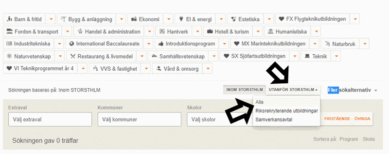 Därefter söker du och filtrerar för att hitta dina val. Om den utbildningen du vill lägga till inte finns registrerad söker du tills du inte får någon träff, och då kommer (endast i inloggat läge för elev) en ruta upp med möjlighet att lägga in val förutom de som finns inlagda.